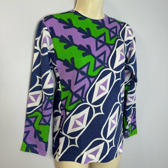 Helen Sue Vintage 1960/70's All Over Print Psychedelic Knit Nylon Sweater Top M - Picture 2 of 8
